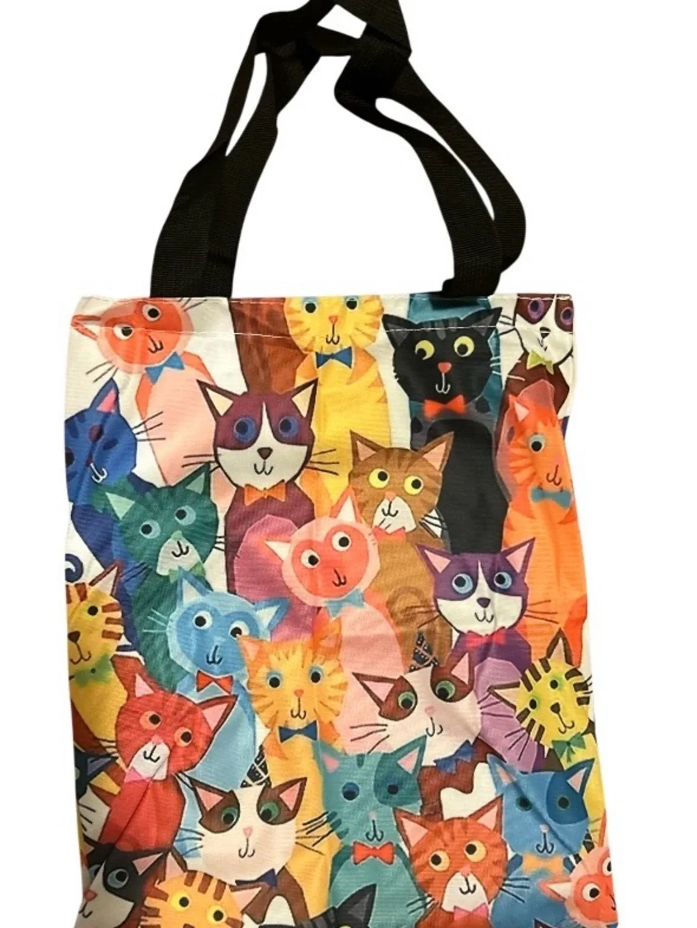 Multicolor Cat Print Tote Bag with Black Straps
